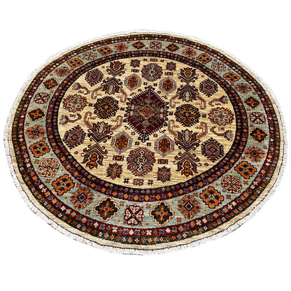 Round rug with a beige base, multicolored ornamental pattern, and colored border