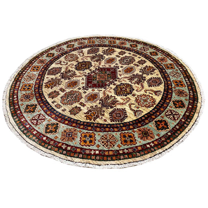 Round rug with a beige base, dark ornaments, and a red/brown border, densely woven