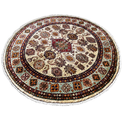 Round rug with a beige background, detailed ornamental pattern, and multicolored border