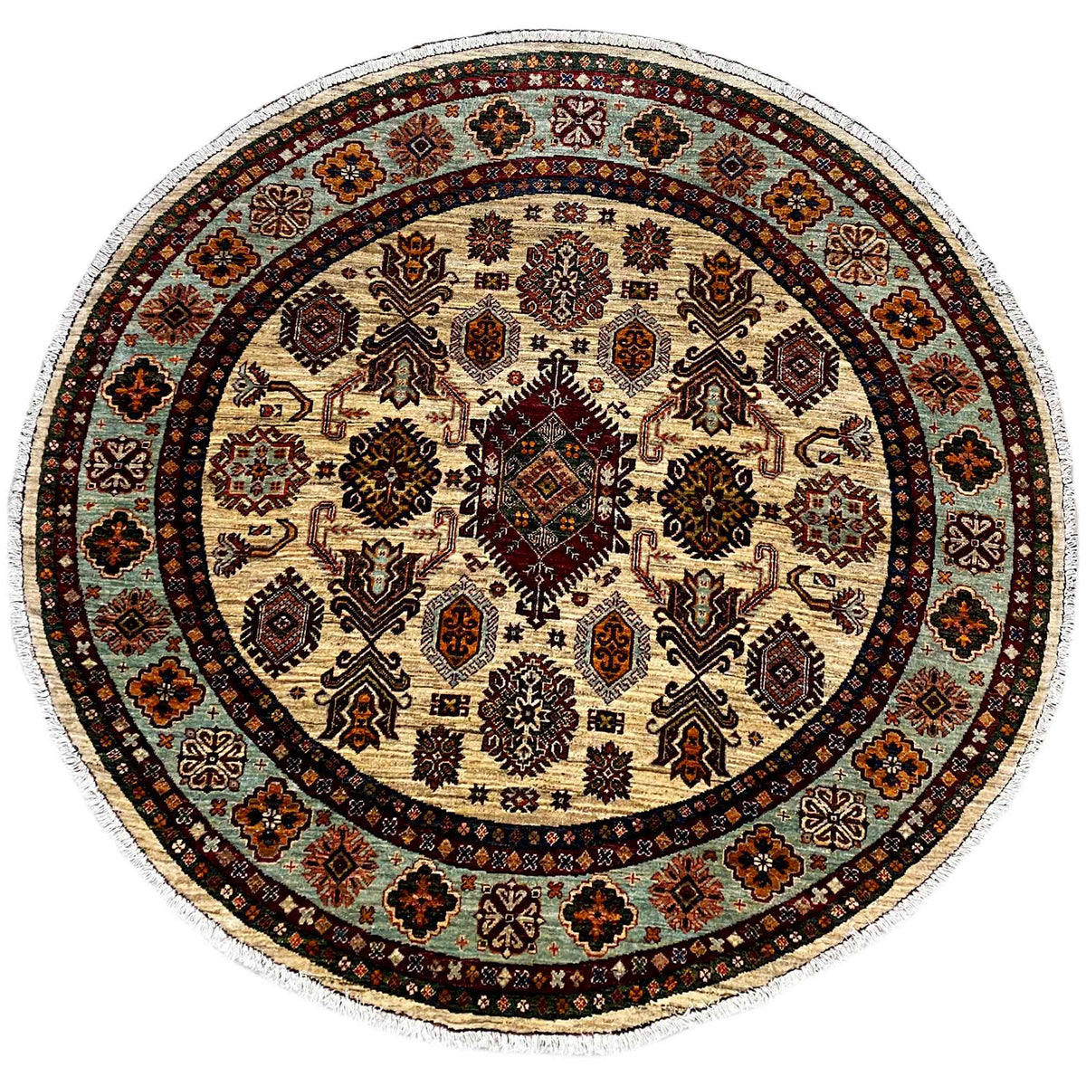 Round woven rug with a beige pattern and dark border, approx. 170x171 cm