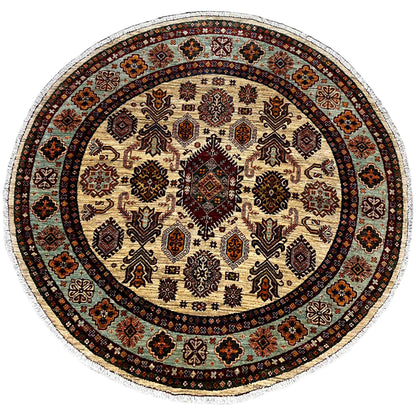 Round woven rug with a beige pattern and dark border, approx. 170x171 cm