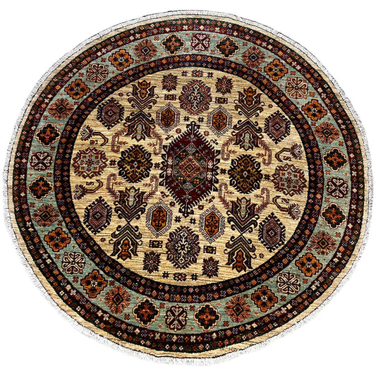 Round woven rug with a beige pattern and dark border, approx. 170x171 cm