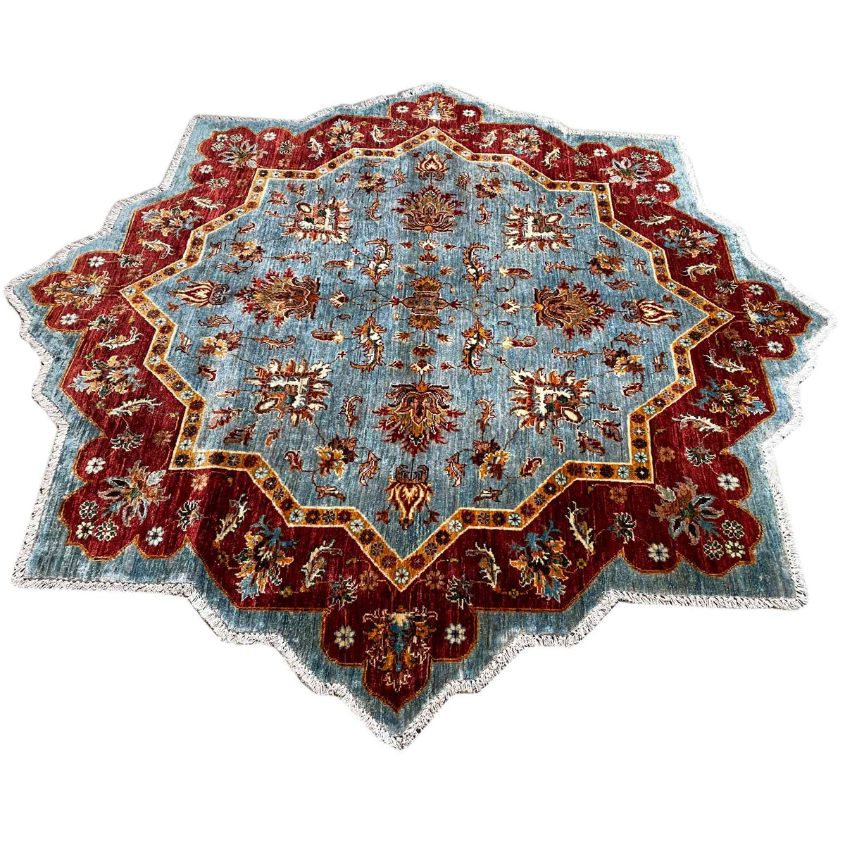 Rug with a blue background, burgundy ornaments, and gold-colored accents, 202x204 cm
