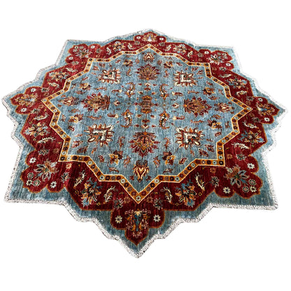 Rug with a blue background, burgundy ornaments, and gold-colored accents, 202x204 cm