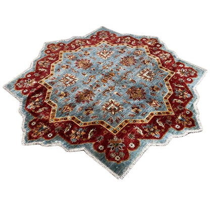 Rug with a light blue center, wine-red border, and colorful ornaments