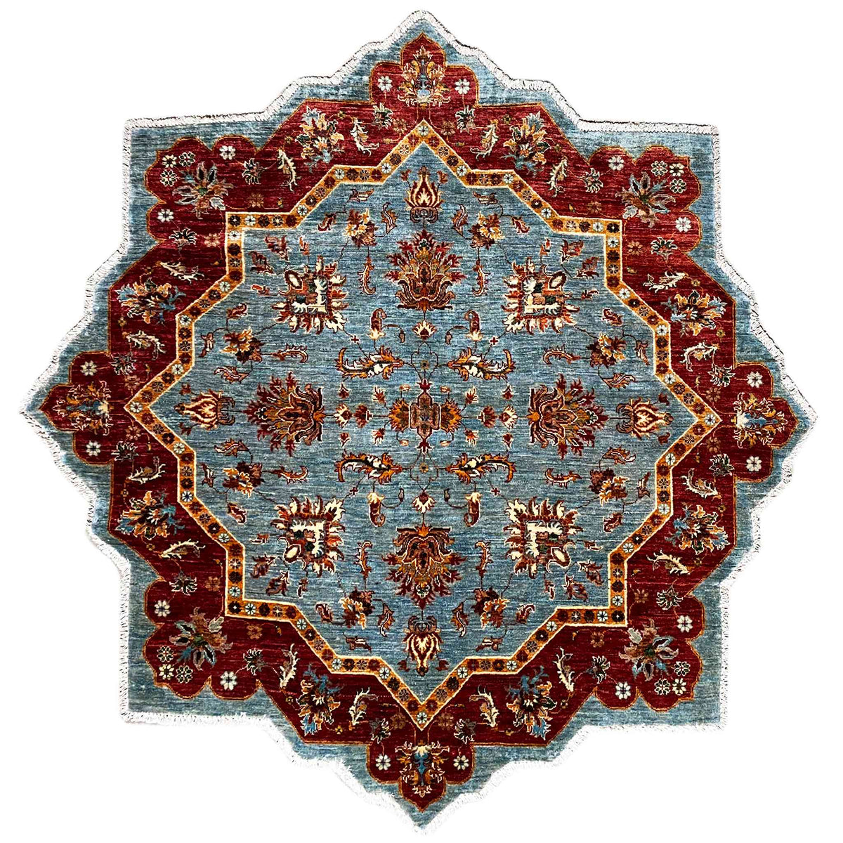 Oriental rug with a blue-red medallion and multicolored border, approx. 202x204 cm