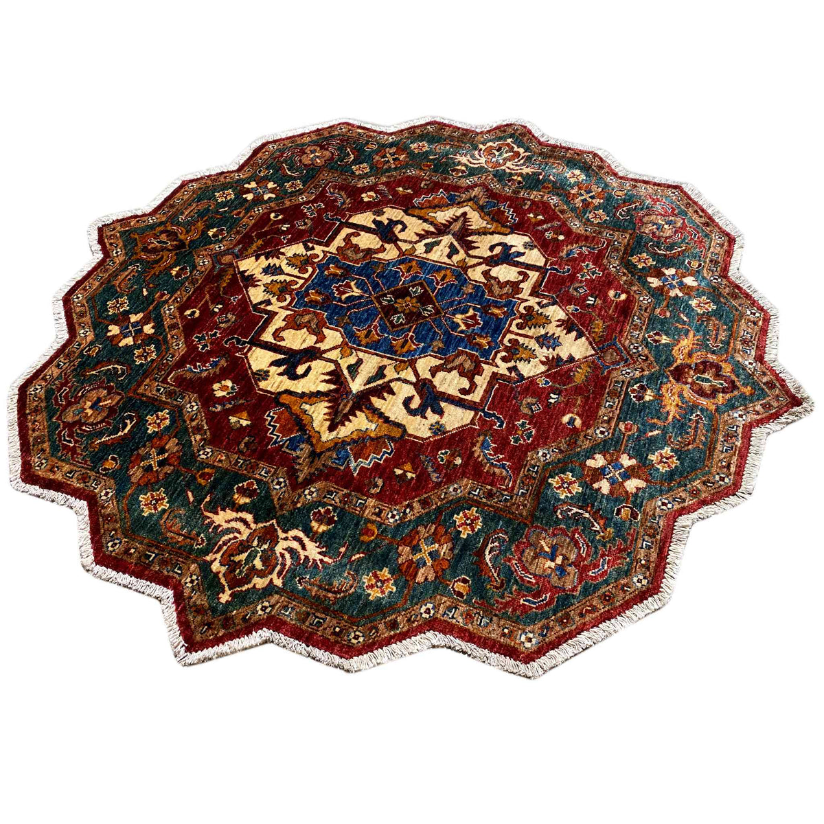 Octagonal rug with a multicolored rug design in red, blue, and green