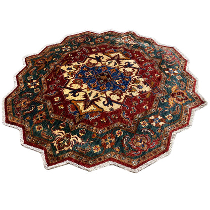 Octagonal rug with a multicolored rug design in red, blue, and green