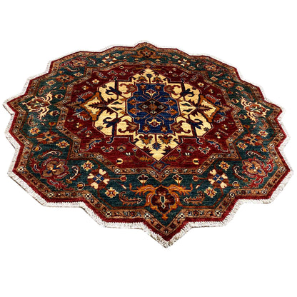 Octagonal rug with a red background, blue central field, and gold-colored ornaments