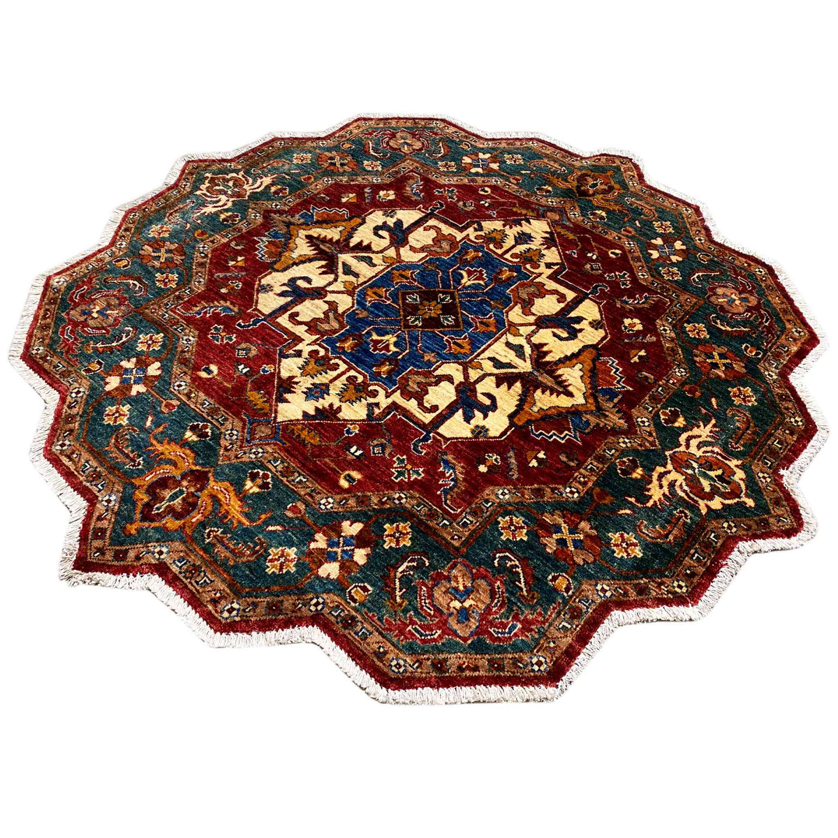 Octagonal rug with a red border, blue center, and dark green decorative corners