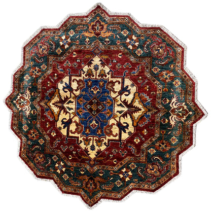 Octagonal rug with a red and blue ornamental pattern and central medallion