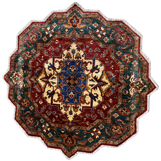 Octagonal rug with a red and blue ornamental pattern and central medallion