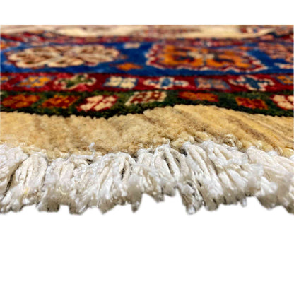 Rug edge with cream-colored fringes and a multicolored border