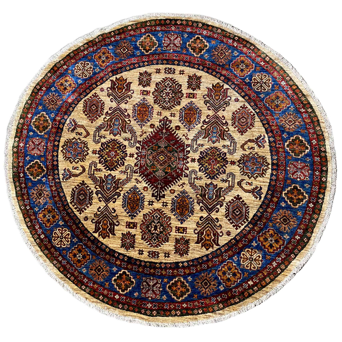 Round rug with a beige base and blue-red ornaments, intricately woven