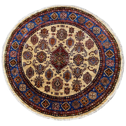 Round rug with a beige base and blue-red ornaments, intricately woven