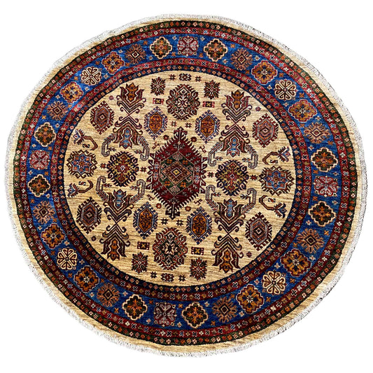 Round rug with a beige base and blue-red ornaments, intricately woven