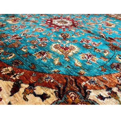 Carpet surface with turquoise ornaments, beige and brown color accents