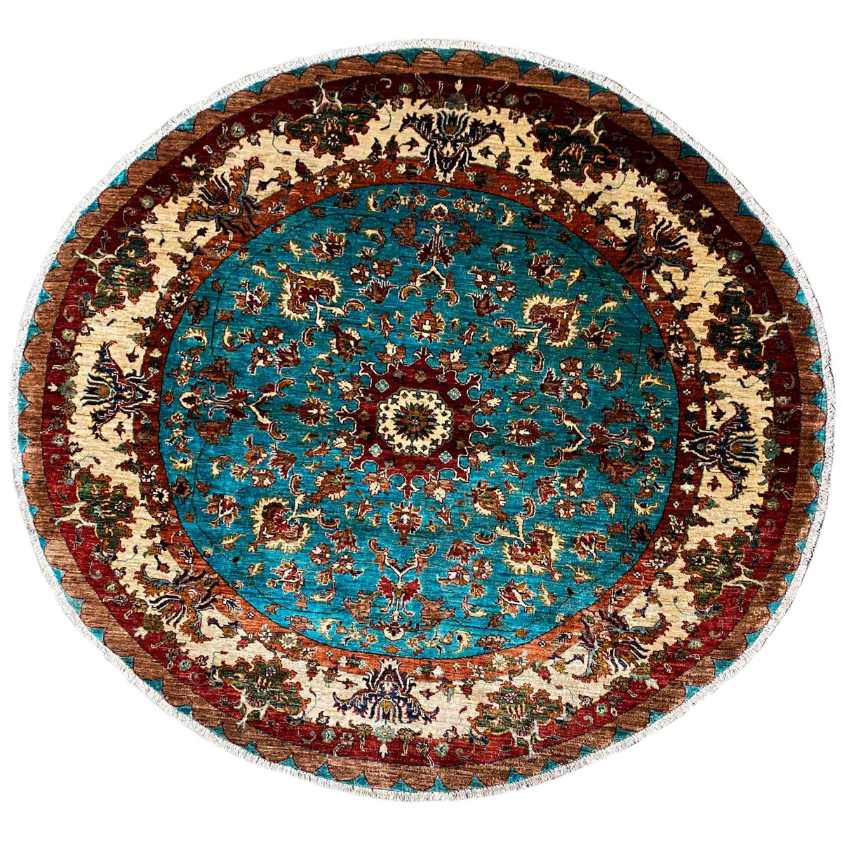 Round rug with a turquoise and beige ornamental pattern and a wide bordered edge