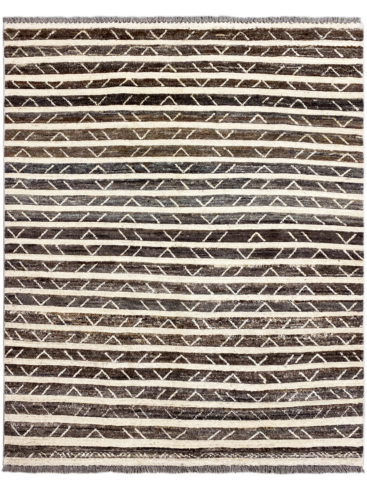 Kelim-Teppich mit geometrischen Linien in Dunkelbraun und Beige, mit Fransen