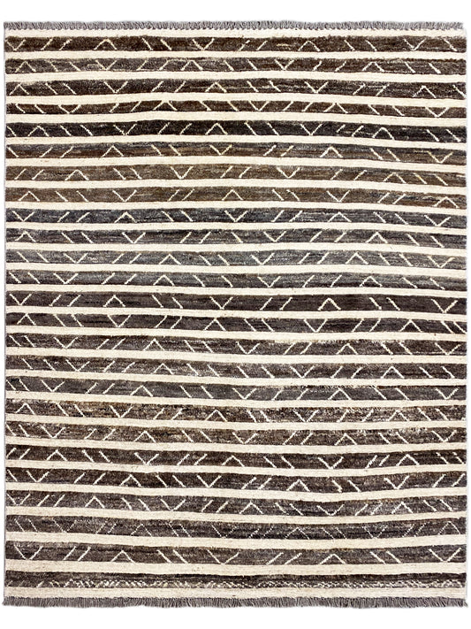 Kelim-Teppich mit geometrischen Linien in Dunkelbraun und Beige, mit Fransen