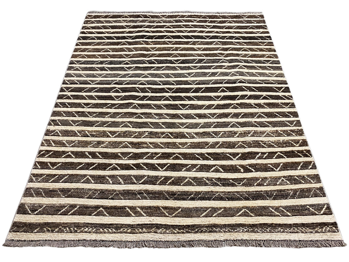 Rechteckiger Kelim-Teppich mit horizontalen Streifen, Dunkelbraun und Beige, Randfransen
