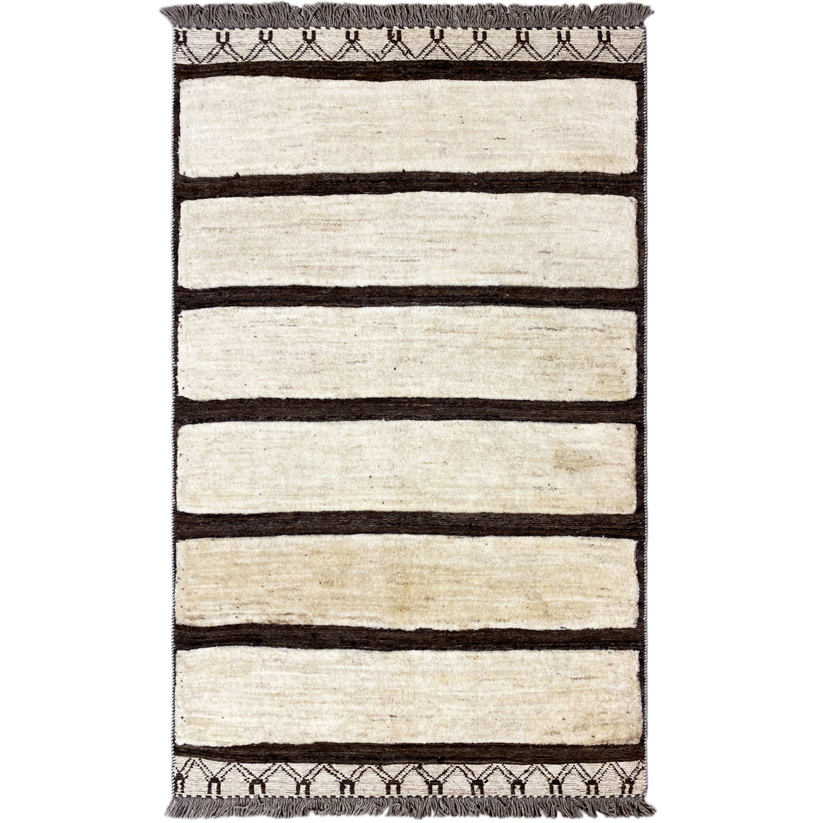 Kelim Gabbeh rug with cream-colored stripes and dark borders, rectangular