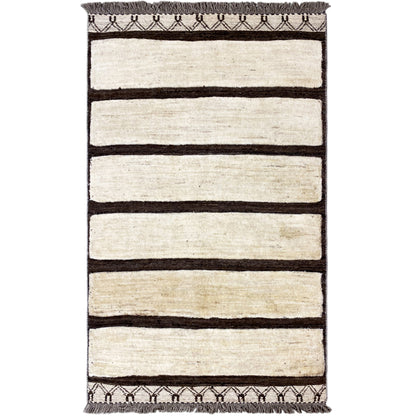 Kelim Gabbeh rug with cream-colored stripes and dark borders, rectangular