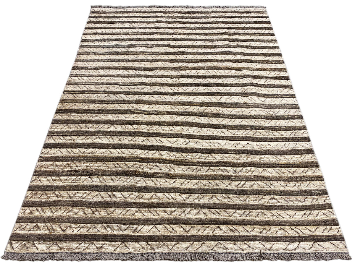 Rectangular kilim rug with wide horizontal stripes, beige and dark brown