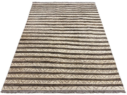 Rectangular kilim rug with wide horizontal stripes, beige and dark brown