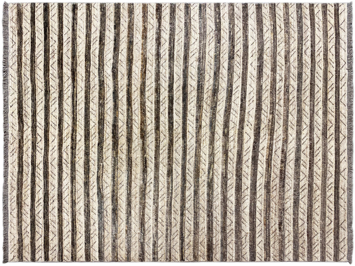 Front view of a kilim rug with vertical stripes, a beige background, and dark accents