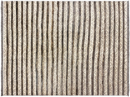 Front view of a kilim rug with vertical stripes, a beige background, and dark accents