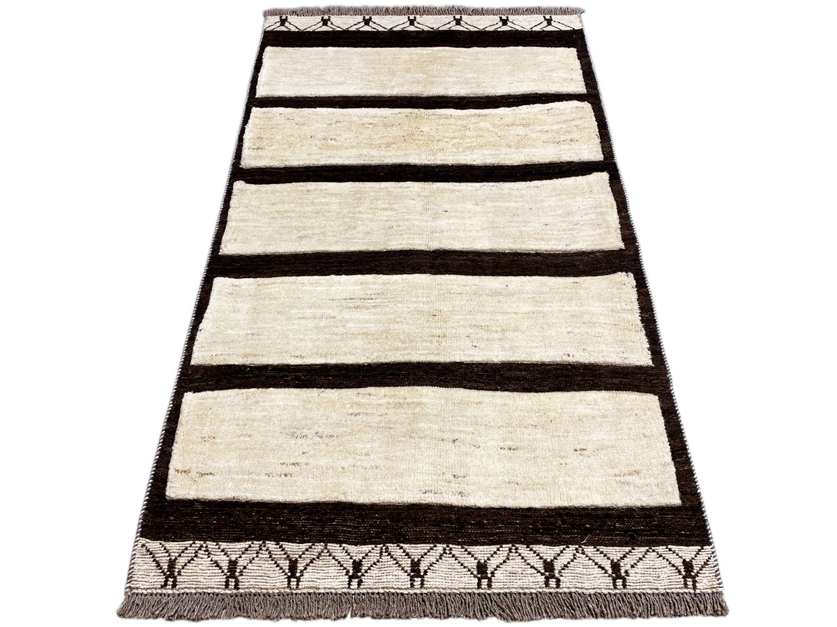 Kelim Gabbeh Teppich mit horizontalen Streifen in Creme und Dunkelbraun, rechteckig