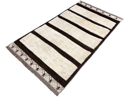 Kelim Gabbeh Teppich mit breiten Streifen in Creme und Dunkelbraun, flach gewebt, mit Fransen