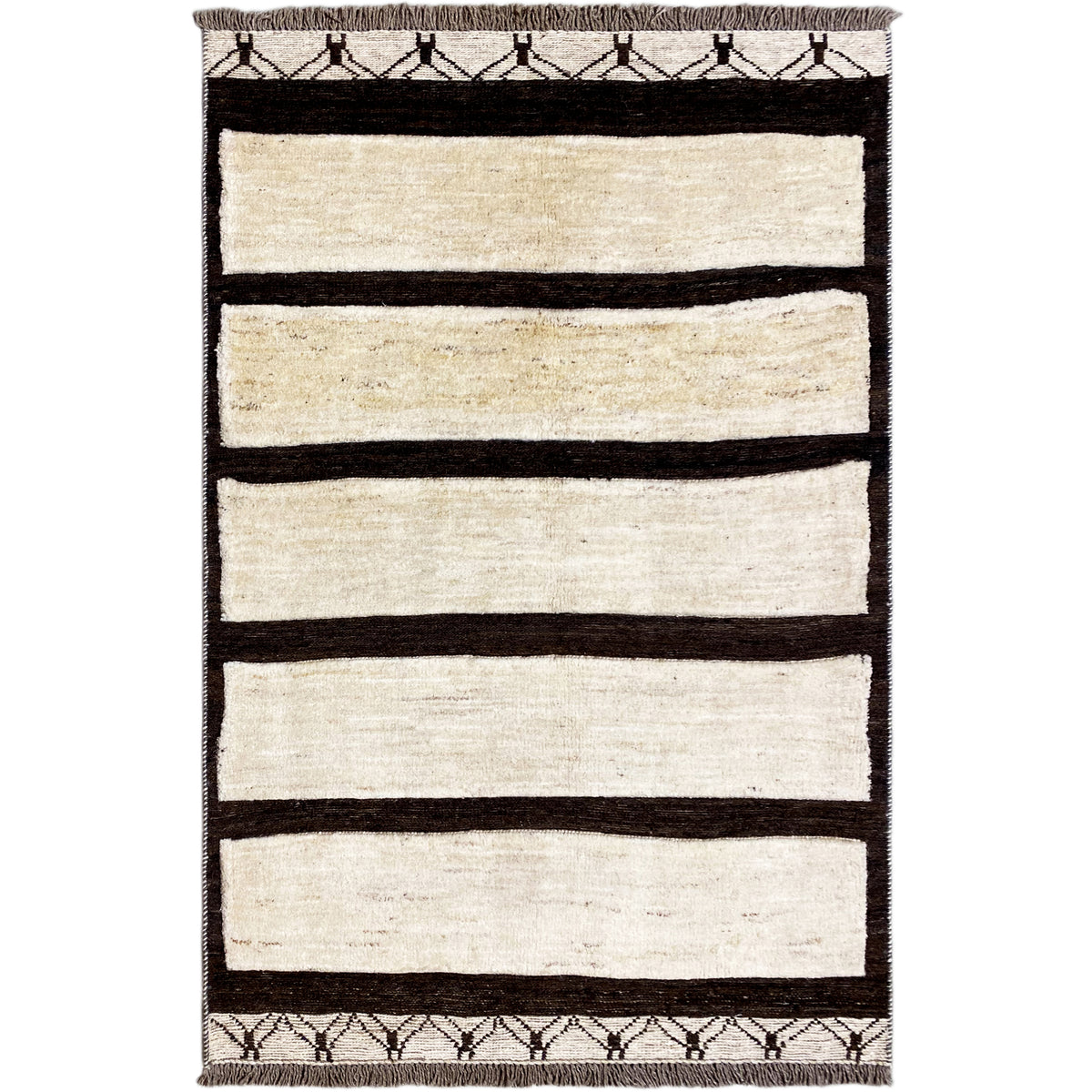 Kelim Gabbeh Teppich mit breiten Streifen in Creme und Dunkelbraun, rechteckig, mit Saum