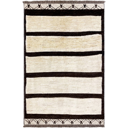 Kelim Gabbeh Teppich mit breiten Streifen in Creme und Dunkelbraun, rechteckig, mit Saum