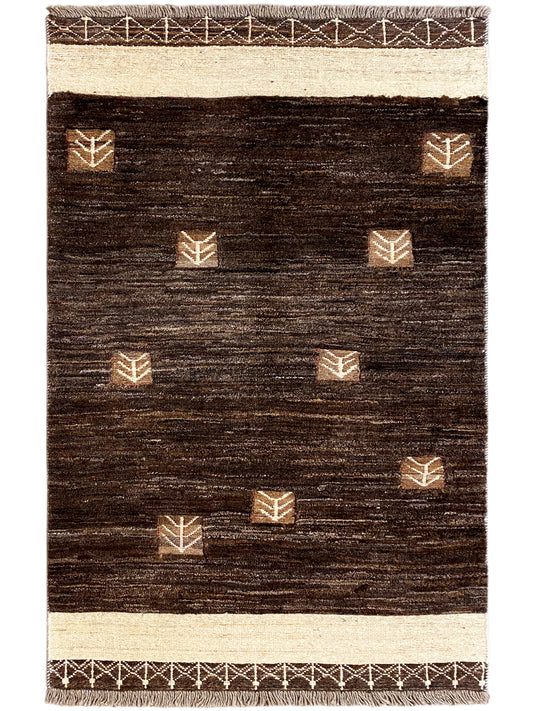 Kelim-Teppich mit dunklem Braun, beigem Rand und kleinen geometrischen Stickmustern