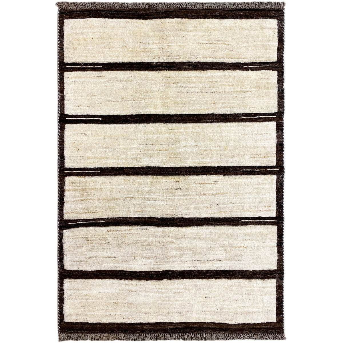 Kilim rug with beige areas and wide dark brown stripes, rectangular, with fringed edges.