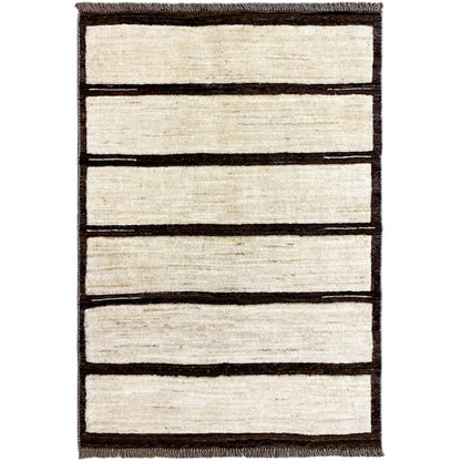 Kilim rug with beige areas and wide dark brown stripes, rectangular, with fringed edges.