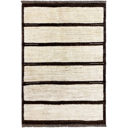 Kilim rug with beige areas and wide dark brown stripes, rectangular, with fringed edges.