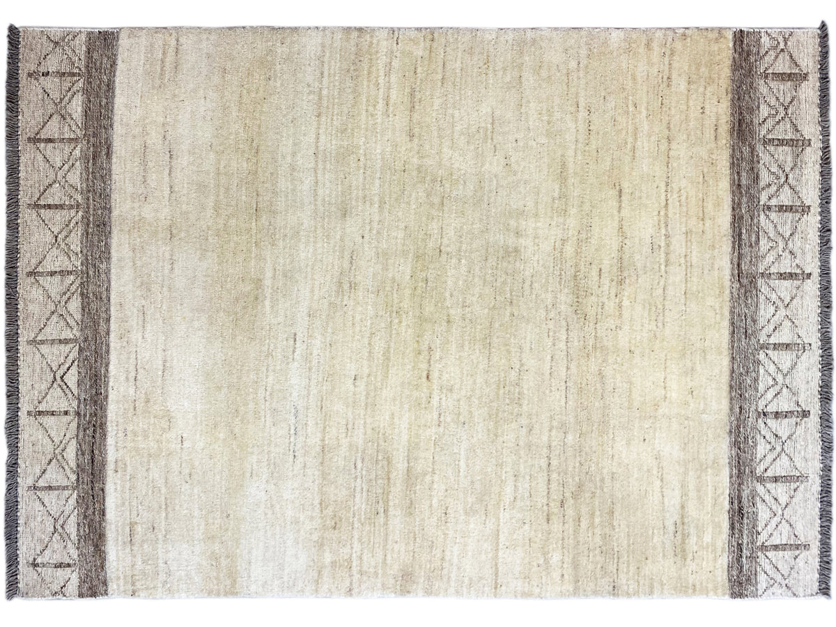 Gabbeh kilim rug, uniform cream-colored field with dark brown borders on the sides