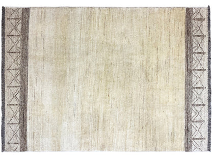 Gabbeh kilim rug, uniform cream-colored field with dark brown borders on the sides