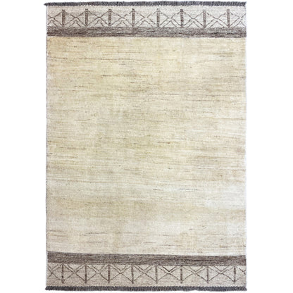 Gabbeh kilim rug, cream-colored with a dark brown border pattern and finished edges