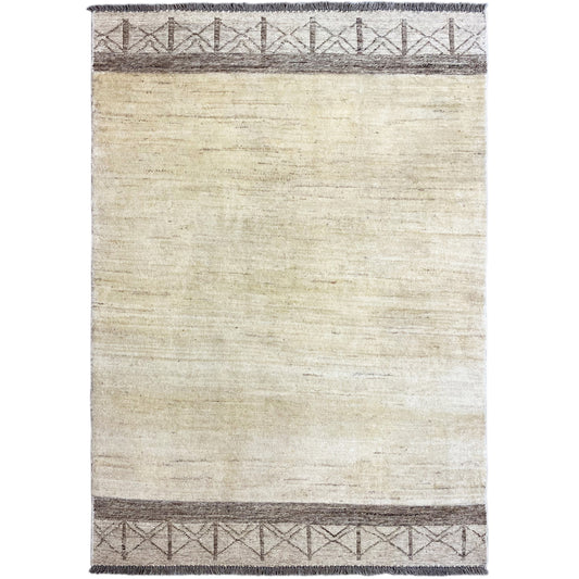 Gabbeh kilim rug, cream-colored with a dark brown border pattern and finished edges
