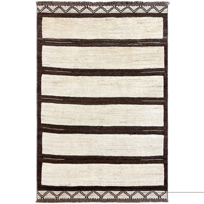 Kelim Gabbeh Teppich mit rechteckigem Muster: horizontale Creme- und Braunstreifen