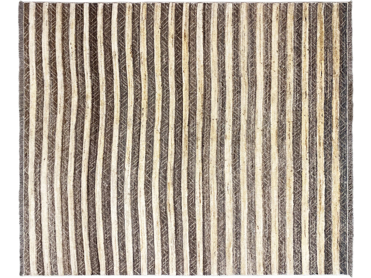 Kelim-Gabbeh-Teppich mit vertikalen Streifen in Beige, Dunkelbraun und Gelb, rechteckig