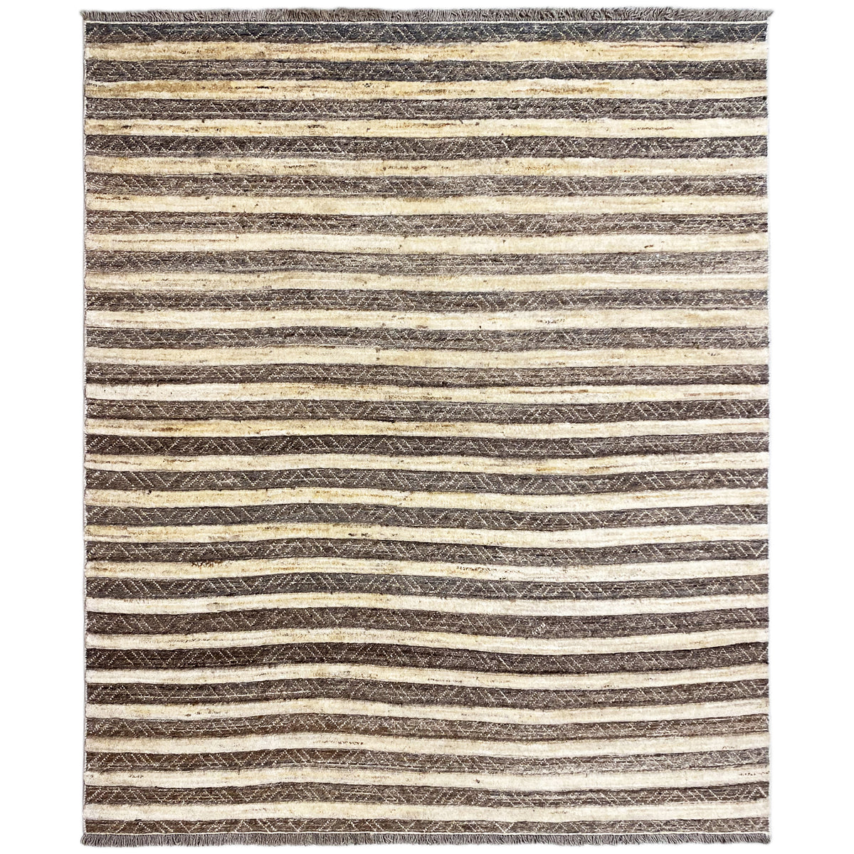 Kelim-Gabbeh-Teppich mit horizontalen Streifen in Dunkelbraun, Beige und Gelb, rechteckig