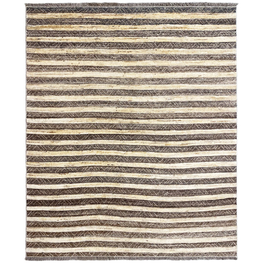 Kelim-Gabbeh-Teppich mit horizontalen Streifen in Dunkelbraun, Beige und Gelb, rechteckig