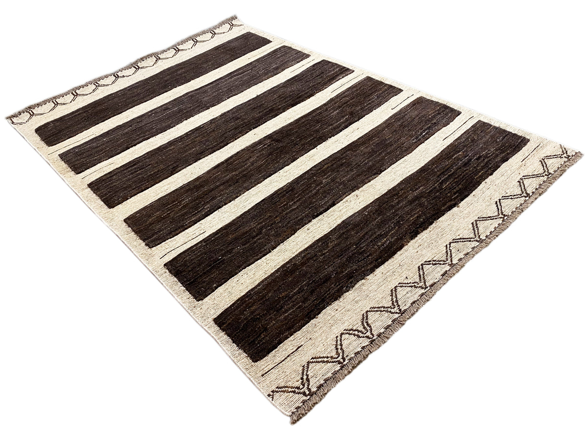 Kelim Gabbeh Teppich, beige mit dunkelbraunen Streifen und Zierbordüre an den Rändern