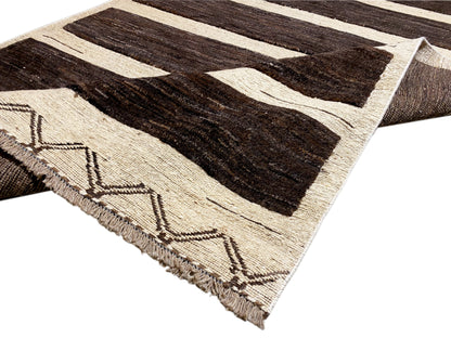 Kelim Gabbeh Teppich Ecke mit Fransen und Zierstickerei im Randbereich, dunkelbraun/beige