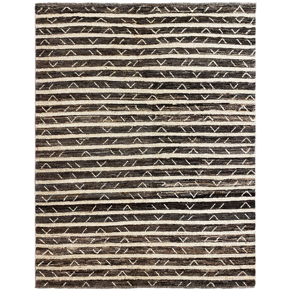 Kelim Gabbeh Teppich mit dunkelbraunem Grund und beigen, schmalen Linien-Mustern